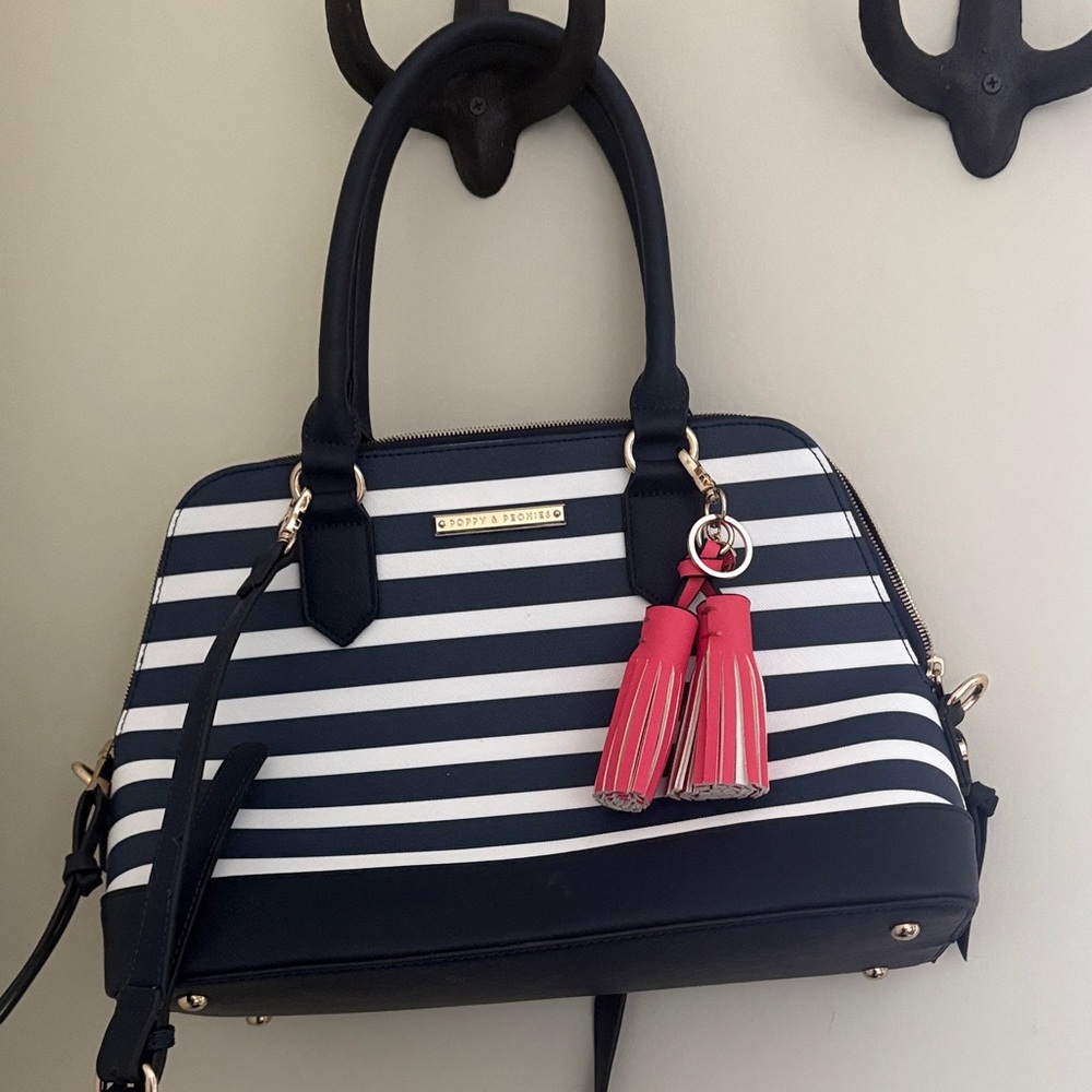 Poppy & Peonies Navy and White Striped Satchel with Pink Tassels